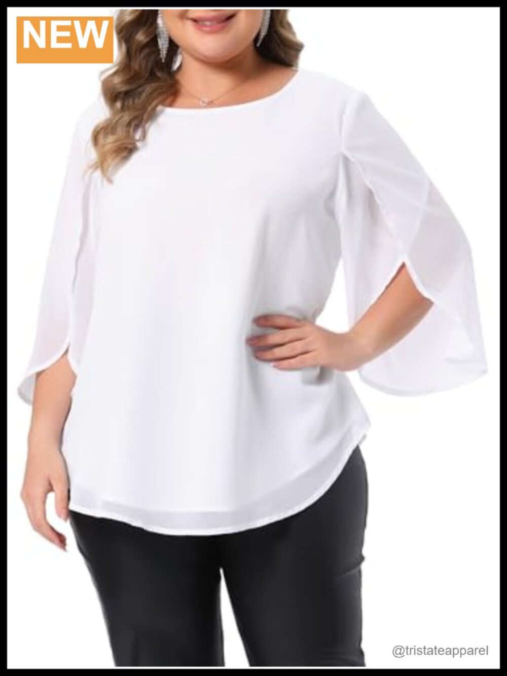 Women's Plus Size Chiffon Flutter Sleeve Blouse Flowy 3/4 Sleeve Top